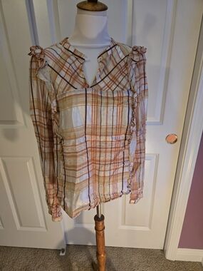 Current Air Orange and Cream Plaid Sheer Long-Sleeve Blouse